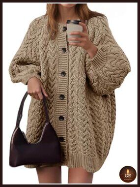 Cable Knit Oversized Button Down Cardigan Chunky Lantern Sleeve Fall Sweater